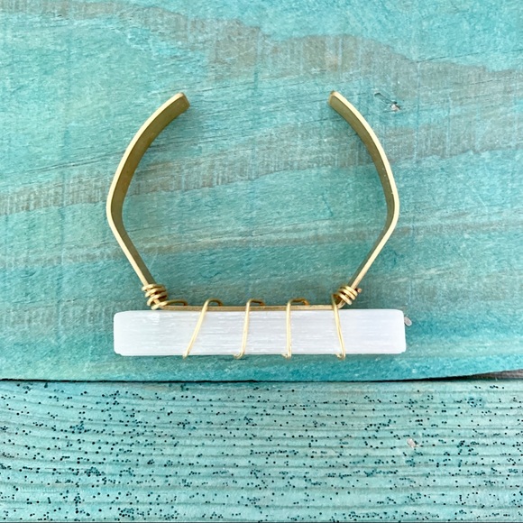 Selenite & Brass Wire Geometric Cuff Bracelet - Picture 3 of 8